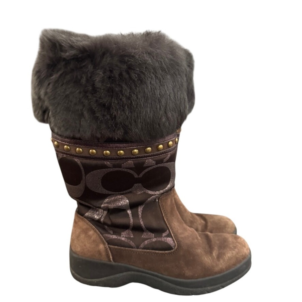 Coach Brown Suede Signature Monogram Faux Fur Studded Winter Boots Womens 6.5